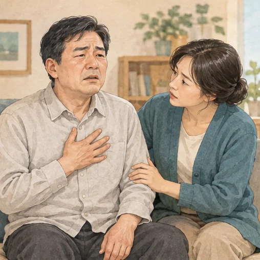 지속되는 가슴 통증이나 압박감은 신속한 평가가 필요합니다. (AI 설명용 삽화)