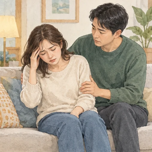 심한 어지럼이 있는 사람을 안전하게 앉혀 살피는 장면입니다. (AI 설명용 삽화)