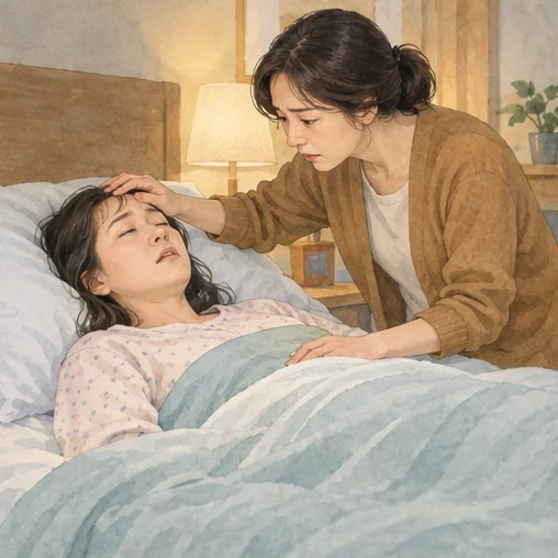 보호자가 쉬고 있는 사람의 반응을 확인하는 모습입니다. (AI 설명용 삽화)