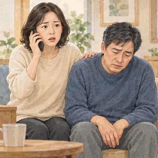 심한 증상이 있을 때 신속하게 도움을 요청하는 장면입니다. (AI 설명용 삽화)