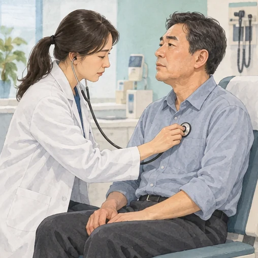 의료진이 호흡과 전반적인 상태를 진료하는 모습입니다. (AI 설명용 삽화)