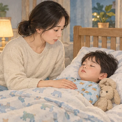 보호자는 아이의 호흡과 평소와 다른 변화를 관찰합니다. (AI 설명용 삽화)