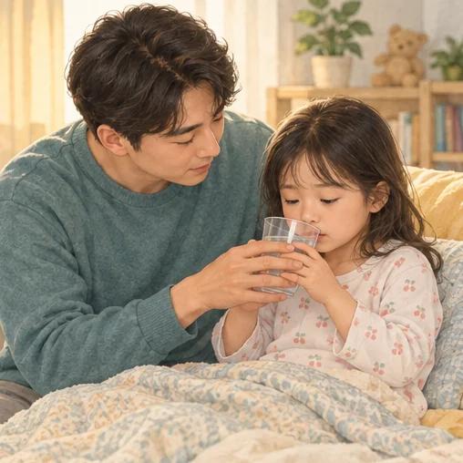 아이의 수분 섭취 상태도 함께 확인합니다. (AI 설명용 삽화)