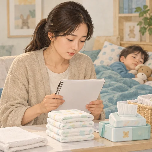 기저귀와 기록을 보며 아이의 배뇨 변화를 살피는 예시입니다. (AI 설명용 삽화)