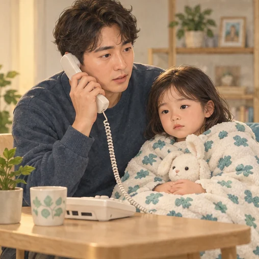 걱정되는 증상이 있으면 소아 진료기관에 연락합니다. (AI 설명용 삽화)