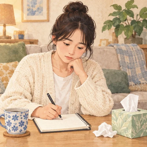 검사 상담 전에 증상 시작을 기록하는 성인 (AI 설명용 삽화)
