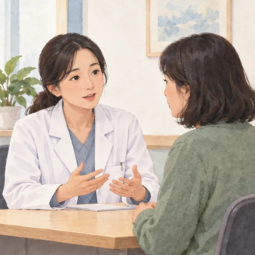 발열과 기침 변화를 설명하는 상담 (AI 설명용 삽화)