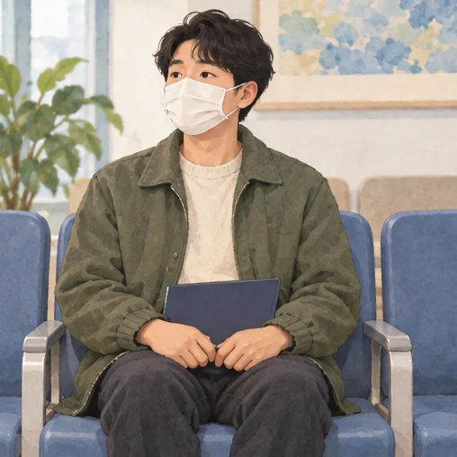 마스크를 착용하고 진료를 기다리는 성인 (AI 설명용 삽화)