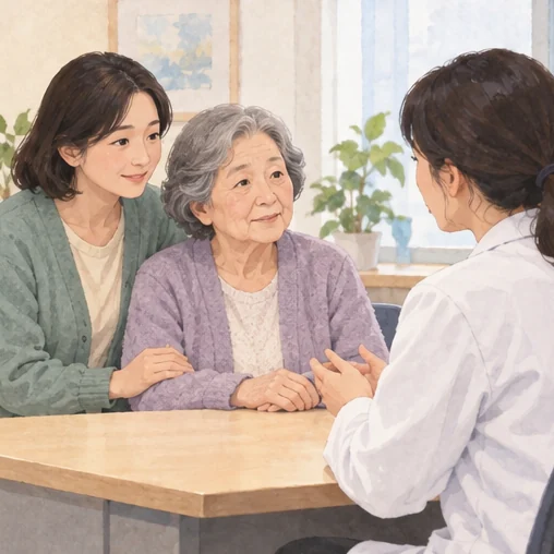 고령자의 상태를 함께 설명하는 보호자 (AI 설명용 삽화)