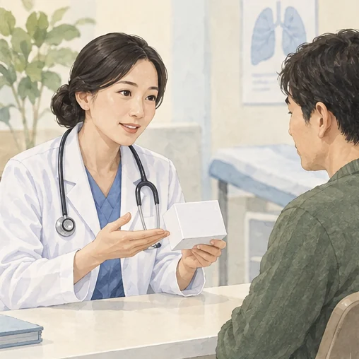 검사에 사용할 물품을 설명하는 상담 (AI 설명용 삽화)