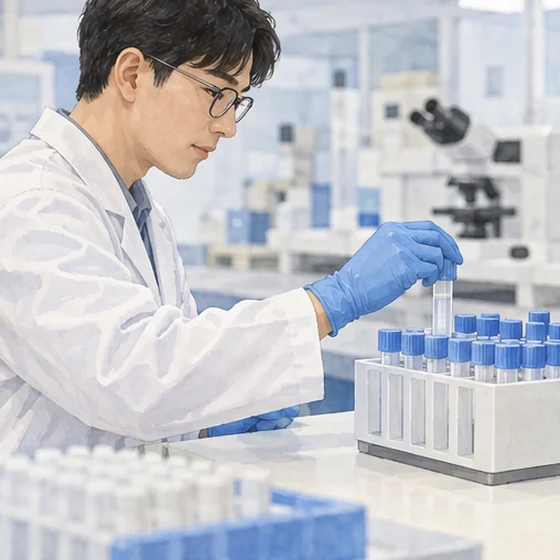 닫힌 검체 용기를 정리하는 검사실 장면 (AI 설명용 삽화)