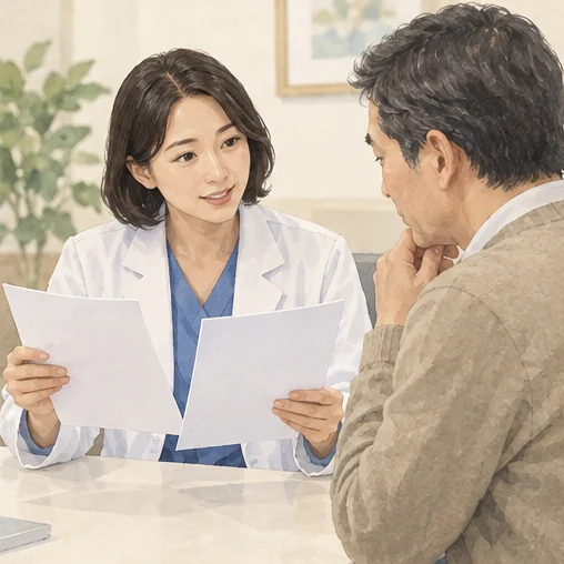 검사 방법을 설명하는 의료진과 환자 (AI 설명용 삽화)