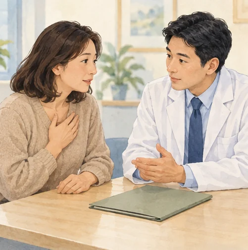 계속되는 증상을 다시 상담하는 성인 (AI 설명용 삽화)