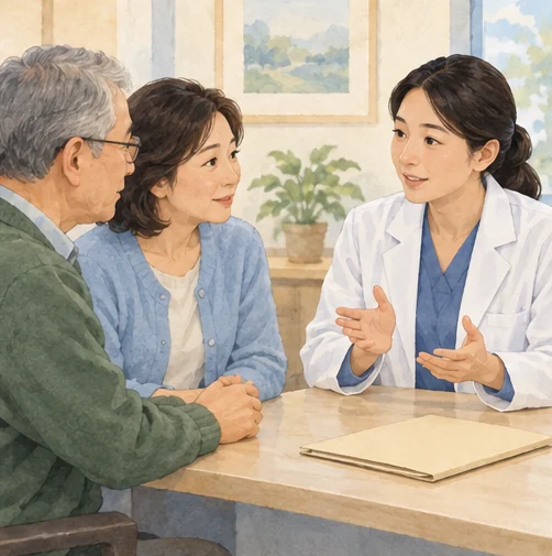 추가 확인을 상의하는 고령자와 보호자 (AI 설명용 삽화)