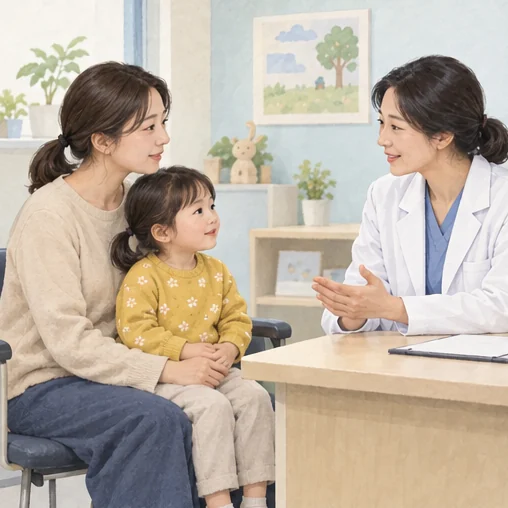 어린이 증상을 함께 설명하는 보호자 (AI 설명용 삽화)