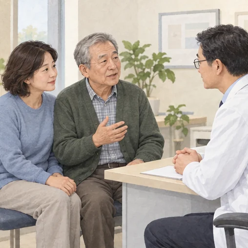고령자의 최근 변화를 전달하는 상담 (AI 설명용 삽화)