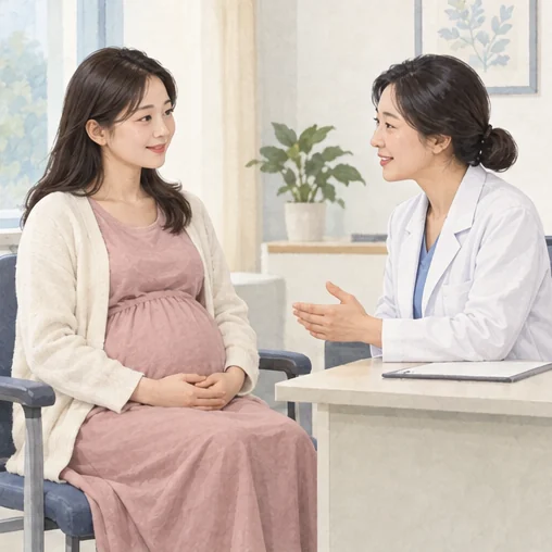 최근 증상을 의료진과 상의하는 임신부 (AI 설명용 삽화)