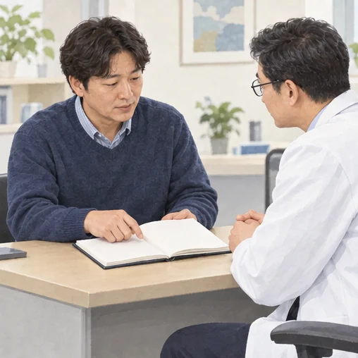 기저질환 이력을 확인하는 상담 (AI 설명용 삽화)