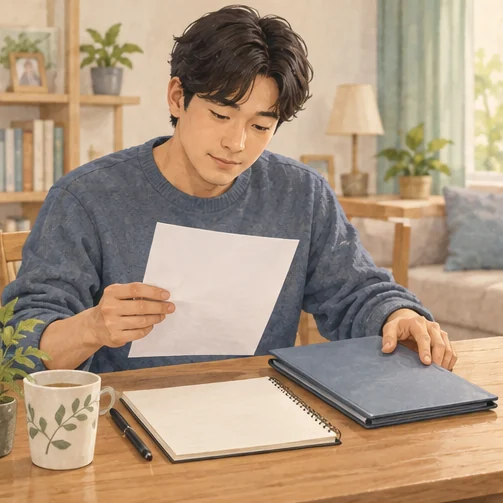 검사 기록과 진료 정보를 정리하는 성인 (AI 설명용 삽화)