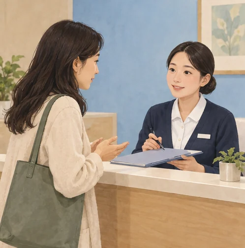 결과를 안내받을 방법을 문의하는 접수 상담 (AI 설명용 삽화)