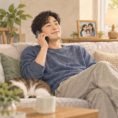 집에서 쉬면서 가족과 연락하는 성인 (AI 설명용 삽화)