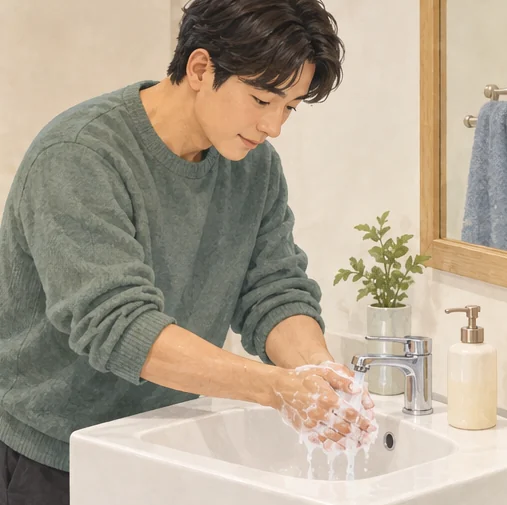 흐르는 물과 비누로 손을 씻는 성인 (AI 설명용 삽화)