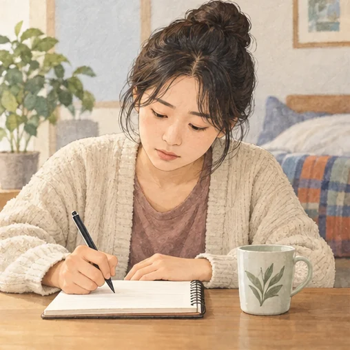첫 증상과 몸 상태 변화를 기록하는 모습 (AI 설명용 삽화)