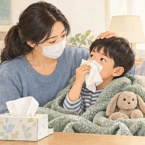 아이의 몸 상태를 살피는 보호자 (AI 설명용 삽화)