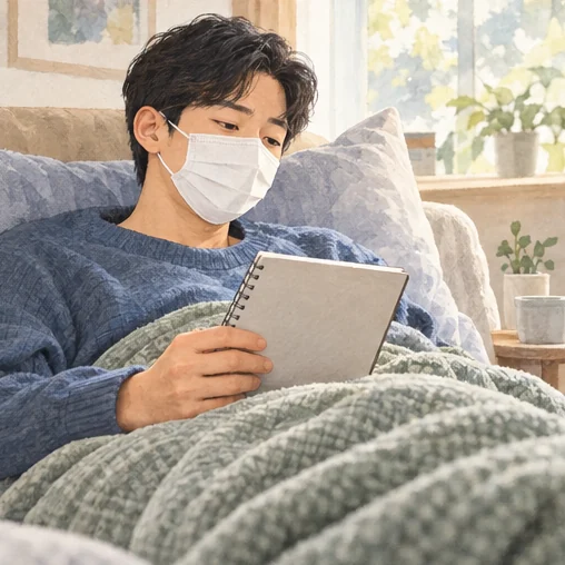 집에서 쉬며 자신의 경과를 확인하는 모습 (AI 설명용 삽화)