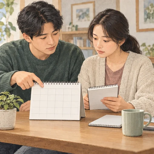 가족별 증상 기록과 일정을 상의하는 모습 (AI 설명용 삽화)