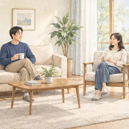 가족이 거리를 두고 대화하는 모습 (AI 설명용 삽화)