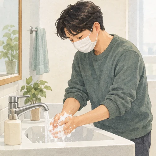 비누로 손을 씻는 모습 (AI 설명용 삽화)