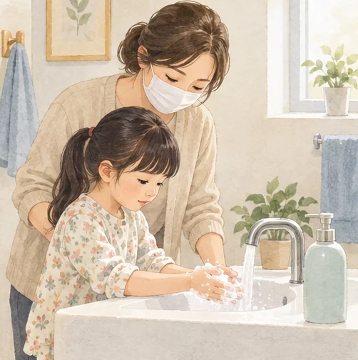 아이가 손을 씻도록 돕는 보호자 (AI 설명용 삽화)