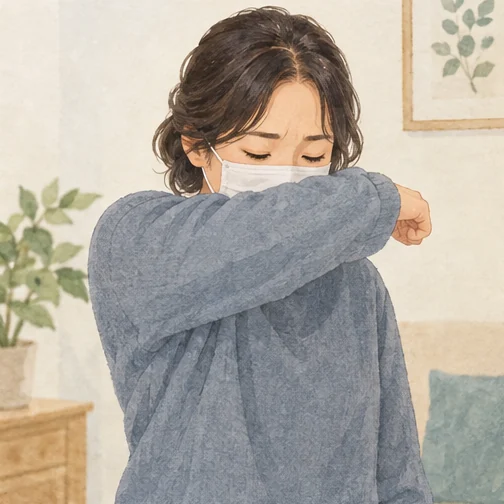 옷소매로 입과 코를 가리며 기침하는 모습 (AI 설명용 삽화)