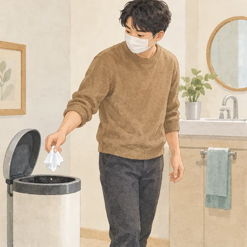 사용한 휴지를 쓰레기통에 버리는 모습 (AI 설명용 삽화)