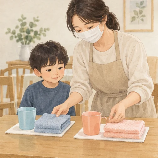 가족의 컵과 수건을 구분해 정리하는 모습 (AI 설명용 삽화)