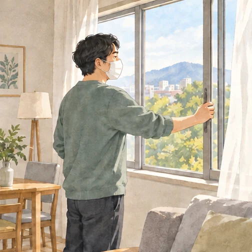 공유 공간의 창문을 열어 환기하는 모습 (AI 설명용 삽화)