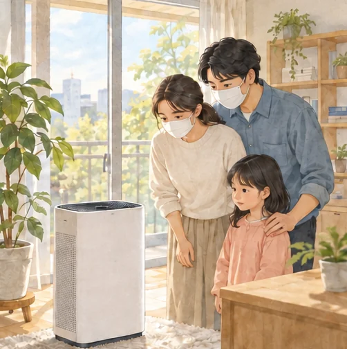 실내 공기 관리 방법을 살펴보는 가족 (AI 설명용 삽화)