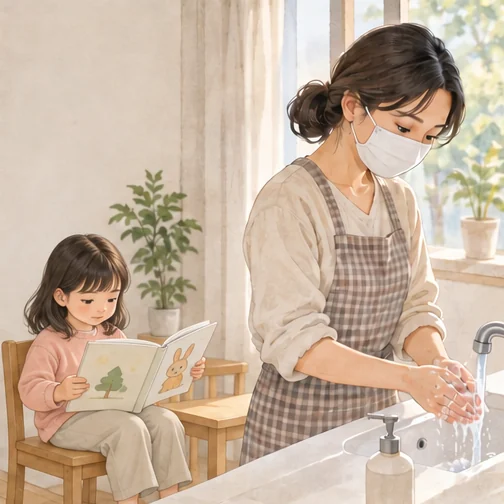 아이 돌봄 전에 손을 씻는 보호자 (AI 설명용 삽화)