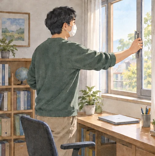 함께 사용할 방의 환기를 확인하는 모습 (AI 설명용 삽화)
