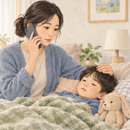 아이의 새 증상으로 의료진에게 연락하는 보호자 (AI 설명용 삽화)