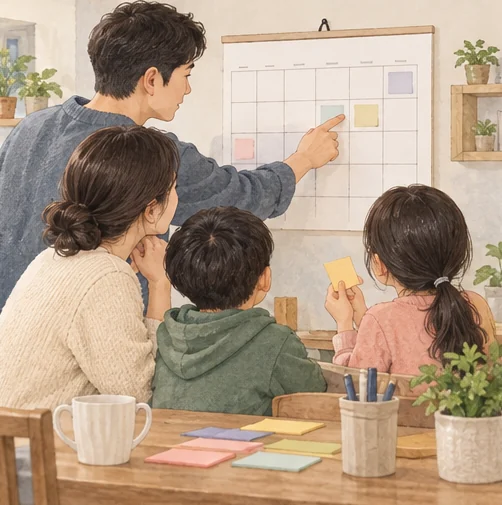 회복 중 학교와 직장 일정을 조정하는 가족 (AI 설명용 삽화)