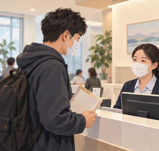 기록을 챙긴 환자가 접수창구에서 안내받는 장면 (AI 설명용 삽화)
