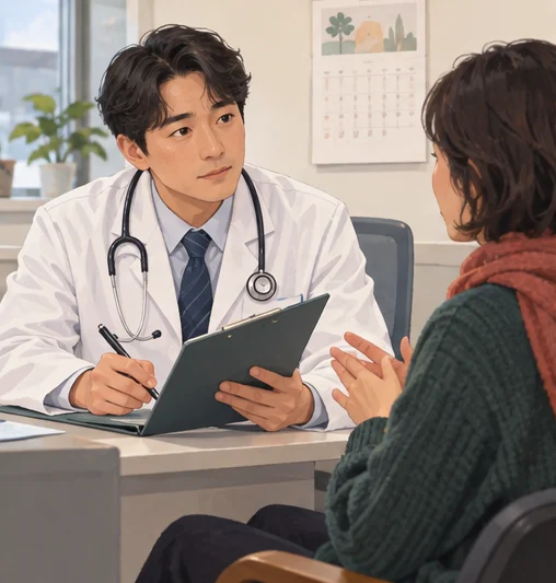 의료진에게 증상 경과를 설명하는 장면 (AI 설명용 삽화)