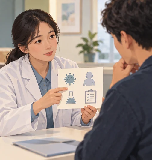 의료진이 검사 관련 안내를 설명하는 장면 (AI 설명용 삽화)