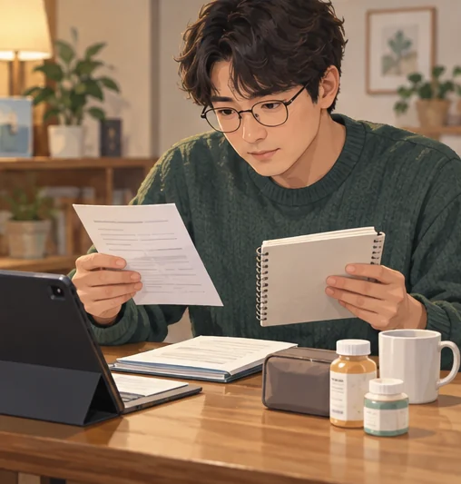 증상과 기존 처방 기록을 진료 전에 정리하는 장면 (AI 설명용 삽화)