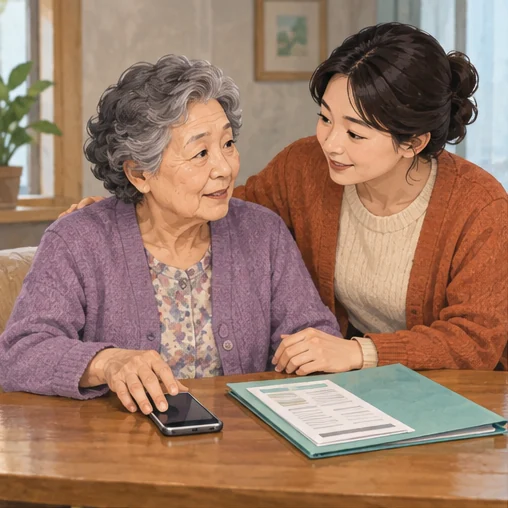 어르신과 가족이 건강 기록과 전화 상담을 준비하는 장면 (AI 설명용 삽화)