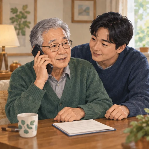 어르신과 가족이 함께 의료기관에 연락하는 장면 (AI 설명용 삽화)