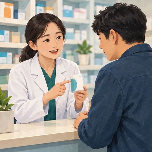 약사에게 처방약 사용 방법을 확인하는 장면 (AI 설명용 삽화)