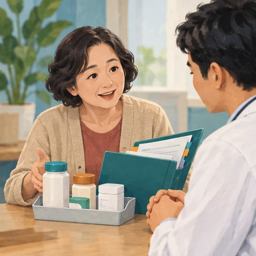 기존 복용 약과 기록을 의료진에게 보여주는 장면 (AI 설명용 삽화)